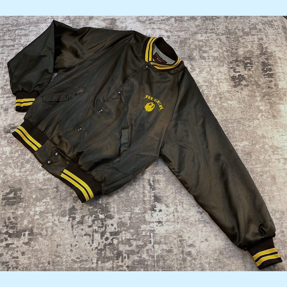 Vtg Dunbrooke Ruger Men L Varsity Windbreaker Jacket 80s Black‎ Satin Bomber